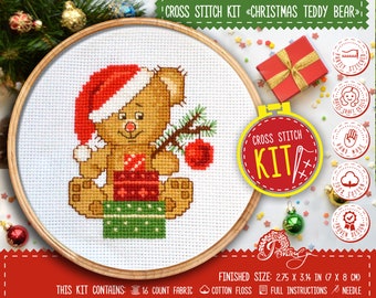 Christmas Teddy Bear cross stitch kit, Winter holidays embroidery kit with easy counted pattern, Do it yourself xmas ornaments