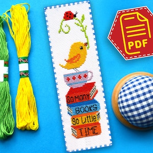 Cute bird bookmark cross stitch pattern in PDF, Quote embroidery design &#39;So Many Books so Little Time&#39; Do It Yourself spring bird lover gift