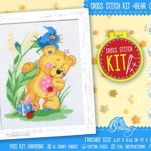 Teddy Bear cross stitch kit, Cute bear embroidery kit with counted pattern, Do it yourself nursery decor, Baby shower gift
