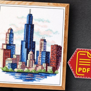 Chicago cross stitch counted pattern - Cityscape embroidery design - Instant Download in PDF and Do it yourself wall art for Home decor