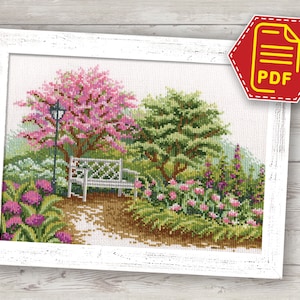 Cherry tree blossom cross stitch counted pattern, Spring garden landscape embroidery design - Instant Download in PDF