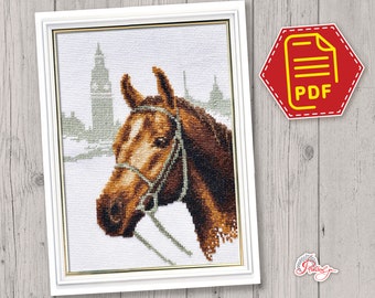 English horse cross stitch pattern, London riding embroidery design download in PDF