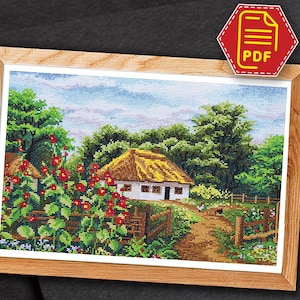 Ukraine cross stitch pattern, Traditional Village Landscape Embroidery Design with Cob House - DIY farmhouse home decor - Download in PDF