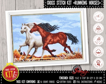 Running horses cross stitch kit, Animal embroidery kit with counted pattern for advanced needlewomen - DIY Farmhouse wall decor