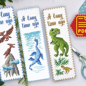 Cross Stitch Set Dinosaurs pattern - Set of 3 embroidery designs Pterodactyl Plesiosaurus Tyrannosaurus for bookmarks in PDF