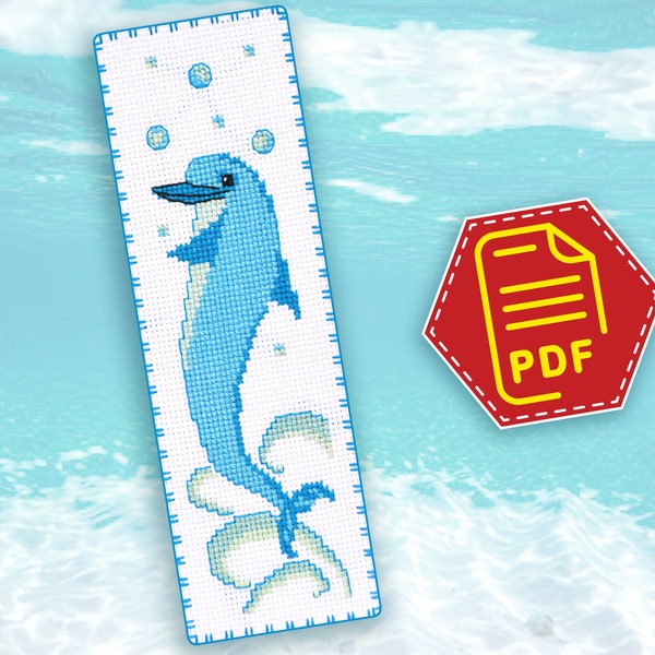 Blue dolphin cross stitch bookmark pattern for beginners, Ocean animals embroidery design download in PDF