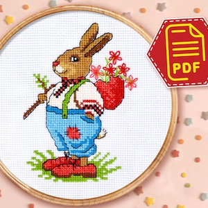 Bunny rabbit cross stitch counted pattern, Cute Easter animal embroidery design for holiday decor - Instant Download chart in PDF