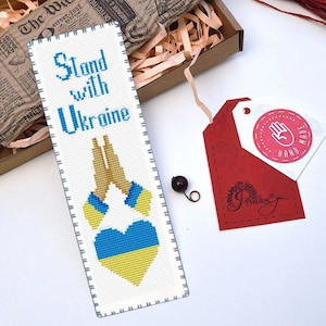 Stand with Ukraine embroidery bookmark - Handmade cross stitch patriotic gift for booklover
