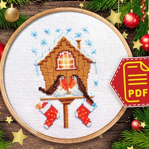 Winter cross stitch pattern, Christmas embroidery design &#39;Christmas bullfinches&#39; for Christmas ornaments - Instant Download in PDF