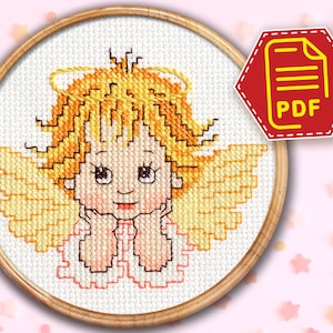 Cute baby angel cross stitch counted pattern, Beginners embroidery design for wall decor - DIY Valentine&#39;s Day gift - Instant PDF Download