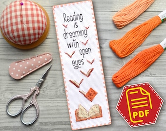 Reading is Dreaming with open eyes bookmark cross stitch pattern with wise quote embroidery design - Download in PDF and DIY unique gift