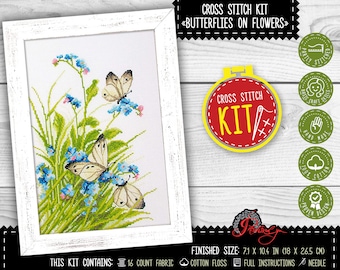 Butterfly embroidery kit, Flower cross stitch kit for adults - Hand craft butterfly wall decor - DIY cross stitch gift for women
