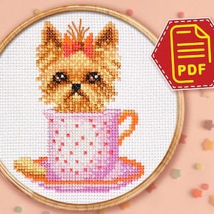 Yorkshire terrier cross stitch pattern, Cute Yorkie puppy in a cup counted embroidery design for beginners, Dog lover gift - Download in PDF