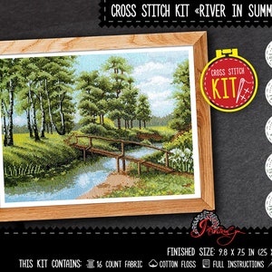 Nature cross stitch kit, Forest landscape embroidery kit with counted pattern 'River in summer' DIY housewarming gift image 1