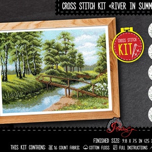 Nature cross stitch kit, Forest landscape embroidery kit with counted pattern &#39;River in summer&#39; - DIY housewarming gift