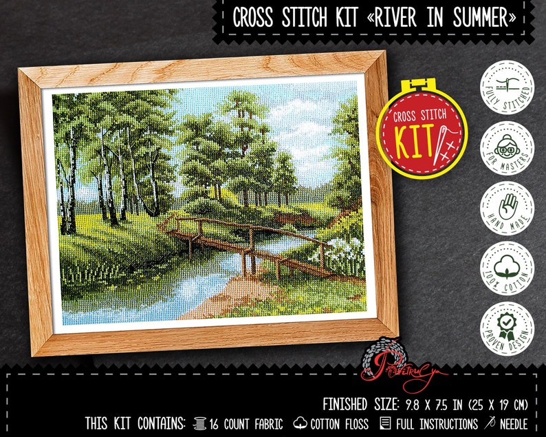 Nature cross stitch kit, Forest landscape embroidery kit with counted pattern 'River in summer' DIY housewarming gift image 1