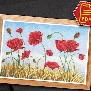 Wildflower poppy cross stitch counted pattern &#39;Native Field&#39; - Instant Download in PDF