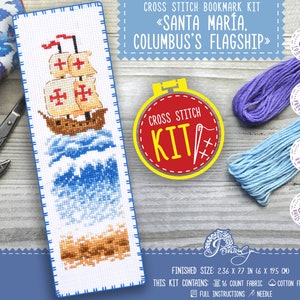 Santa María, le produit phare de Colomb - Kit de marque-page au point de croix compté, kit de broderie La Gallega, cadeau DIY pour Columbus, Découverte de l&#39;Amérique