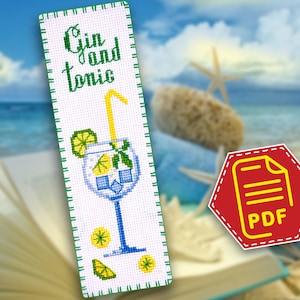 Puede incluir: Patrón de punto de cruz para un marcapáginas con un vaso de ginebra y tónica con una rodaja de limón y una pajita. El texto "Gin and Tonic" está escrito encima del vaso. El patrón está en formato PDF.