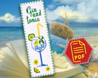 Modern cross stitch cocktail pattern 'Gin and Tonic' - Download Embroidery Design in DPF- DIY handmade bookmark