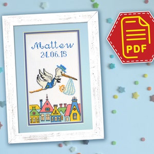 Baby birth cross stitch counted pattern, Stork embroidery design in PDF &#39;New Baby Boy Announcement&#39; - Full alphabet & numbers included