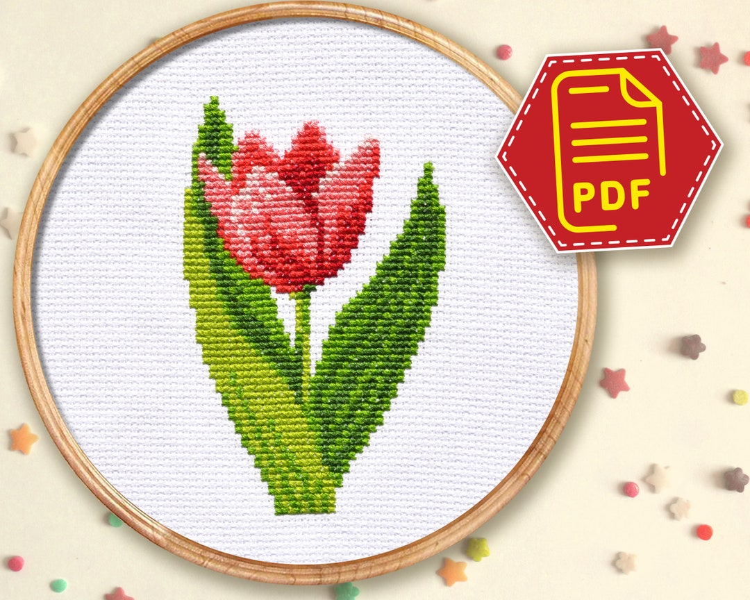 Spring Cross Stitch Pattern Pink Tulip Beginners Embroidery Design for Kids  and Adults DIY Mother's Day Gift Instant Download in PDF 