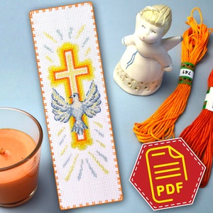 Holy Spirit cross stitch bookmark pattern in PDF - Download embroidery design Cross and White Dove - Do it Yourself religious gift