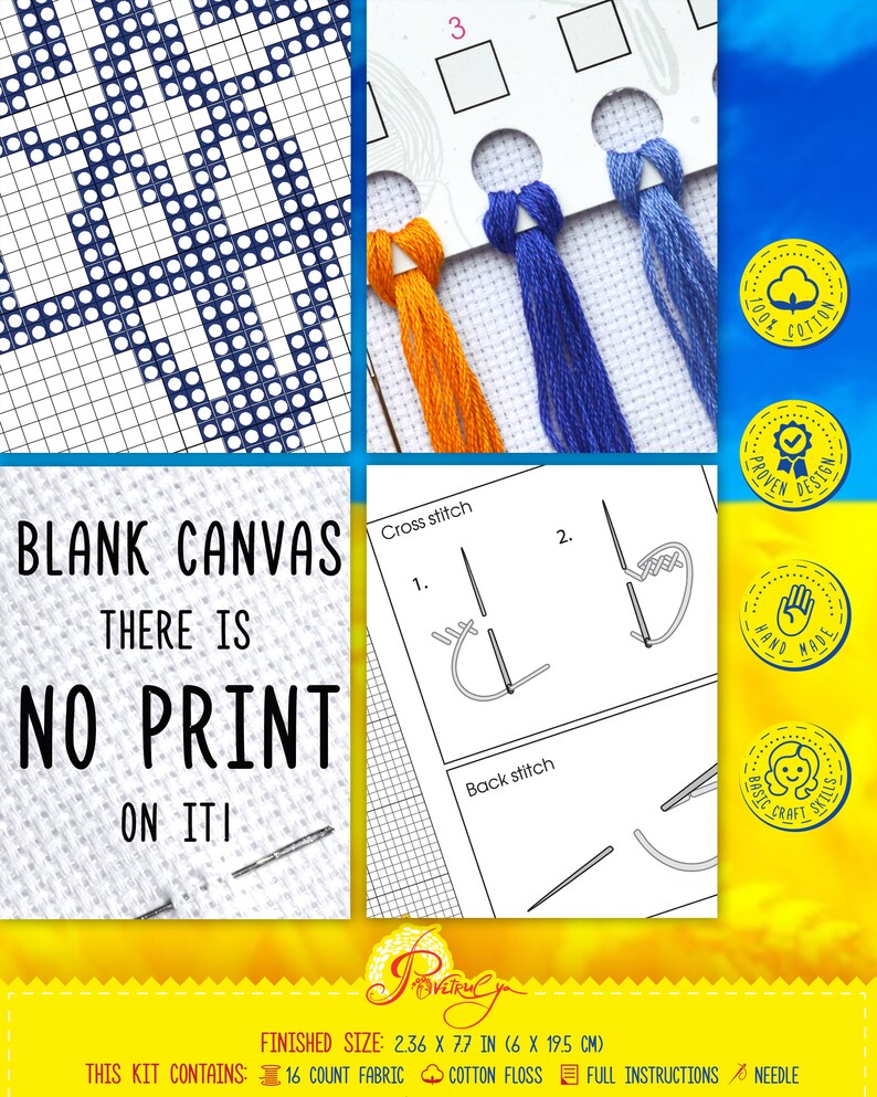 May include: A cross stitch kit with a blank canvas, cotton floss, and instructions. The kit includes a 16 count fabric, cotton floss, full instructions, and a needle. The finished size is 2.36 x 7.7 inches.