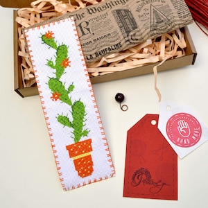 Cross stitch &#39;Cactus&#39; bookmark - Unique handmade gift for booklover