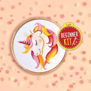 Beginner cross stitch kit - Magic Unicorn cross stitch - Simple counted cross stitch pattern included - DIY Cross stitch gift for girls