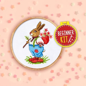 Beginner cross stitch kit, Bunny rabbit cross stitch, Animal counted cross stitch pattern included, Easter cross stitch gift for kids/adults