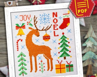 Christmas reindeer cross stitch pattern - Sampler for Winter holidays embroidery - Christmas ornaments - Instant Download in PDF