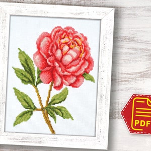 Pink peony cross stitch counted pattern, Spring flower embroidery design for adults and kids, DIY home wall decor - Instant Download in PDF