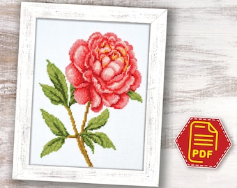 Pink peony cross stitch counted pattern, Spring flower embroidery design for adults and kids, DIY home wall decor - Instant Download in PDF