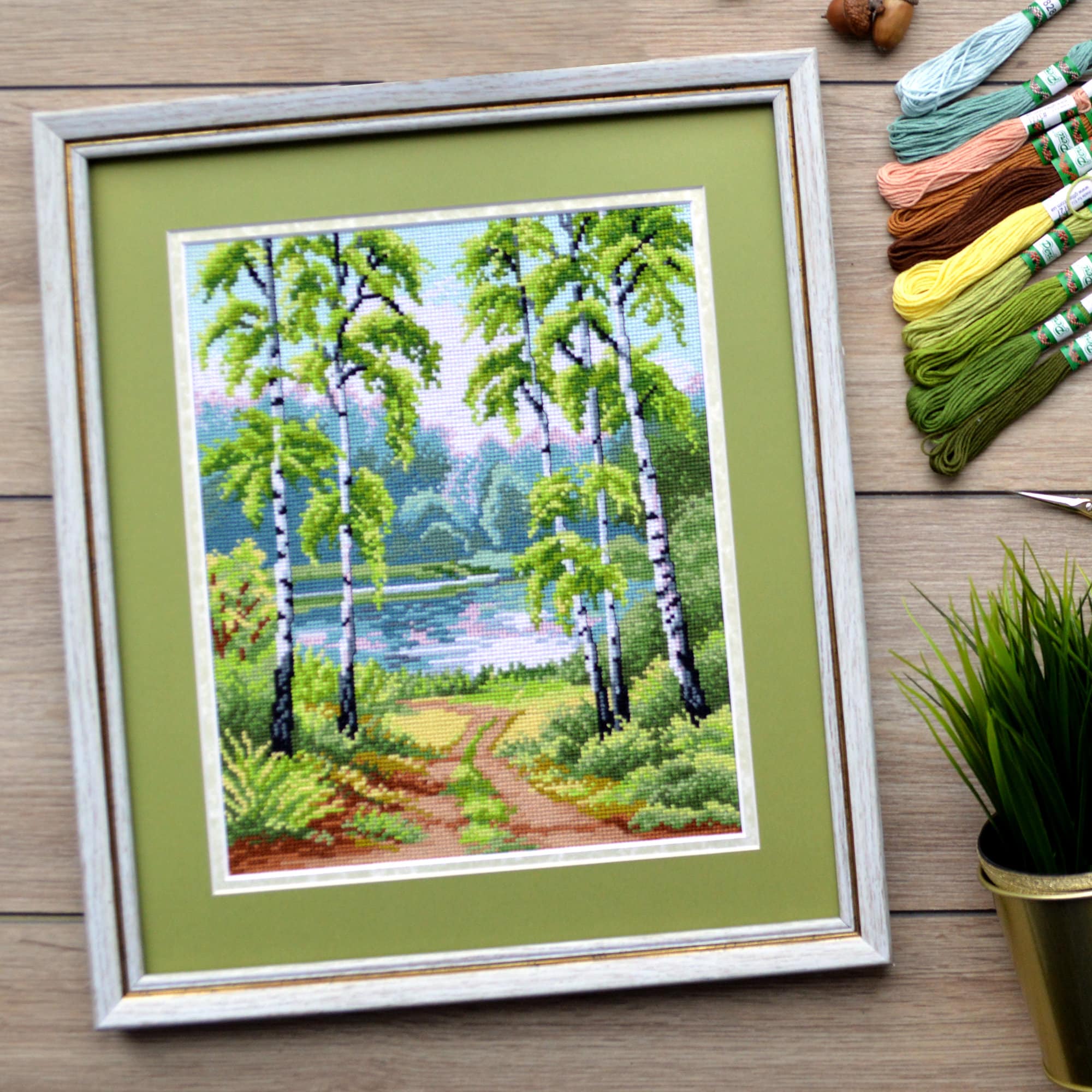 Modern cross stitch kit for adults Spring forest Lake Etsy