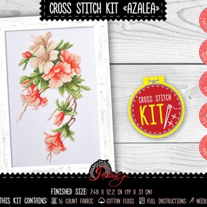 Azalea flowers cross stitch kit with counted pattern - DIY home decor