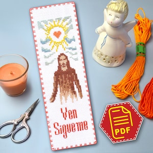 Jesus counted cross stitch chart with quote "Ven Sigueme" - Bible bookmark embroidery design in PDF - Do it Yourself religious gift