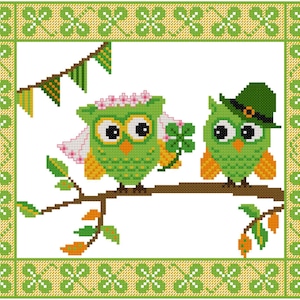 St Patricks Day, irische Hochzeit Kreuzstichmuster &#39;Lucky Owls&#39; Vögel Stickdatei - DIY keltisches Wohndekor - Download im PDF