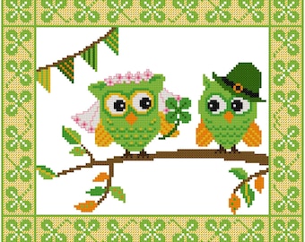St Patricks Day, Irish wedding cross stitch pattern 'Lucky Owls' Birds embroidery design - DIY Celtic home decor - Download in PDF
