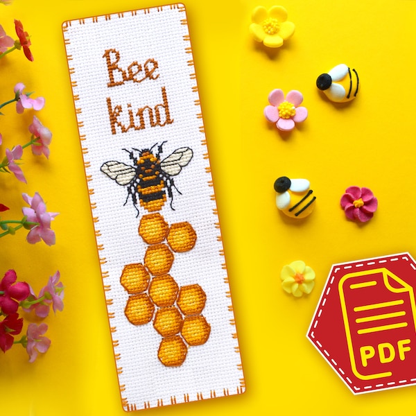 Small Honey Bee cross stitch pattern, Quote embroidery design for handmade bookmark 'Bee kind' - Download in PDF and DIY gift for book lover