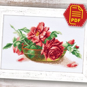 Summer flowers cross stitch pattern 'Roses in a Vase' - Instant Download in PDF