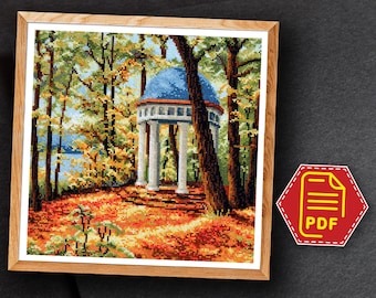 Patrón de punto de cruz otoñal "Parque otoñal". Hermoso diseño de bordado de paisaje. Descarga instantánea en PDF.