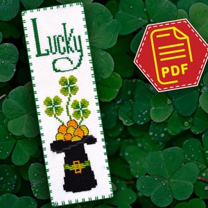 St Patricks Day Gifts, Lucky cross stitch - Bookmark counted pattern - Irish Elf Hat with Gold and Shamrock - Download in PDF