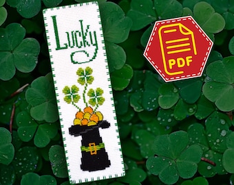 St. Patrick's Day-cadeaus, gelukskruissteek - bladwijzerpatroon geteld - Ierse elfenhoed met goud en klaver - downloaden in pdf-bestand