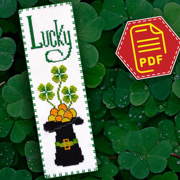 Lucky cross stitch - Bookmark counted pattern - Irish Elf Hat with Gold and Shamrock - DIY St Patrick's Day Gift - Download in PDF