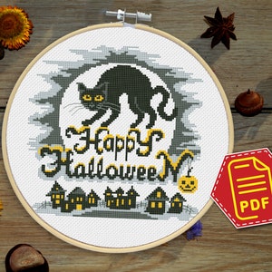 Cross stitch pattern &quot;Happy Halloween&quot; Black cat and full moon, DIY spooky Halloween home decor - Download embroidery design in PDF