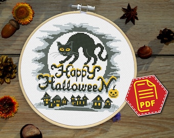 Cross stitch pattern "Happy Halloween" Black cat and full moon, DIY spooky Halloween home decor - Download embroidery design in PDF