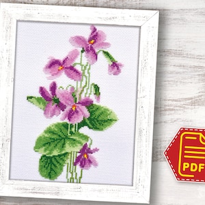 Purple violets cross stitch pattern, Spring flowers embroidery design for adults and kids - Wall room decor - Instant Download in PDF