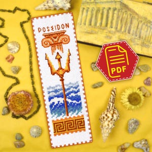 Bladwijzer kruissteekpatroon "Poseidon" God van de zee borduurontwerp voor liefhebbers van Griekse religie en mythologie - Download in pdf-bestand
