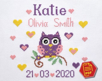 Baby Mädchen Geburt Sampler Kreuzstichmuster, süße Eulenankündigung - Download Stickdatei im PDF-Format